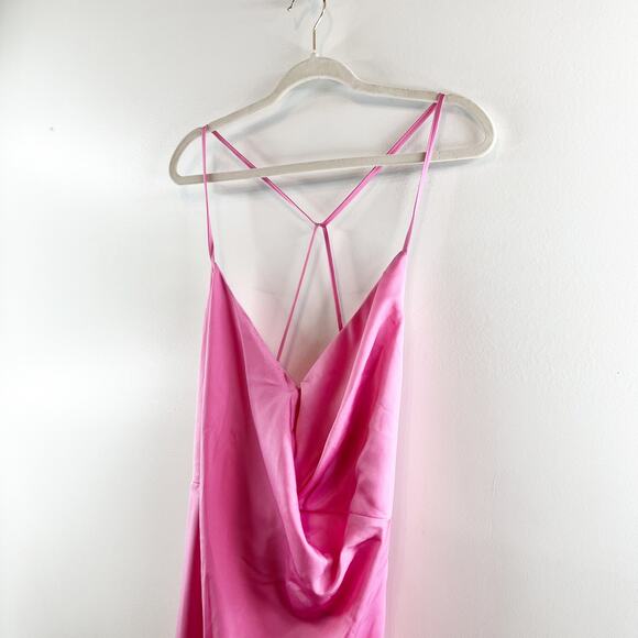 ASOS Design Draped Slit Strappy Low Back Satin Midi Dress Pink 14 - Picture 9 of 16